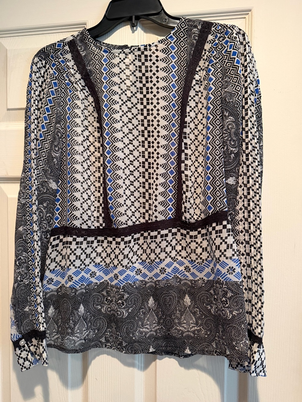 Nine West Black, White & Blue Patterned Long Sleeve Top